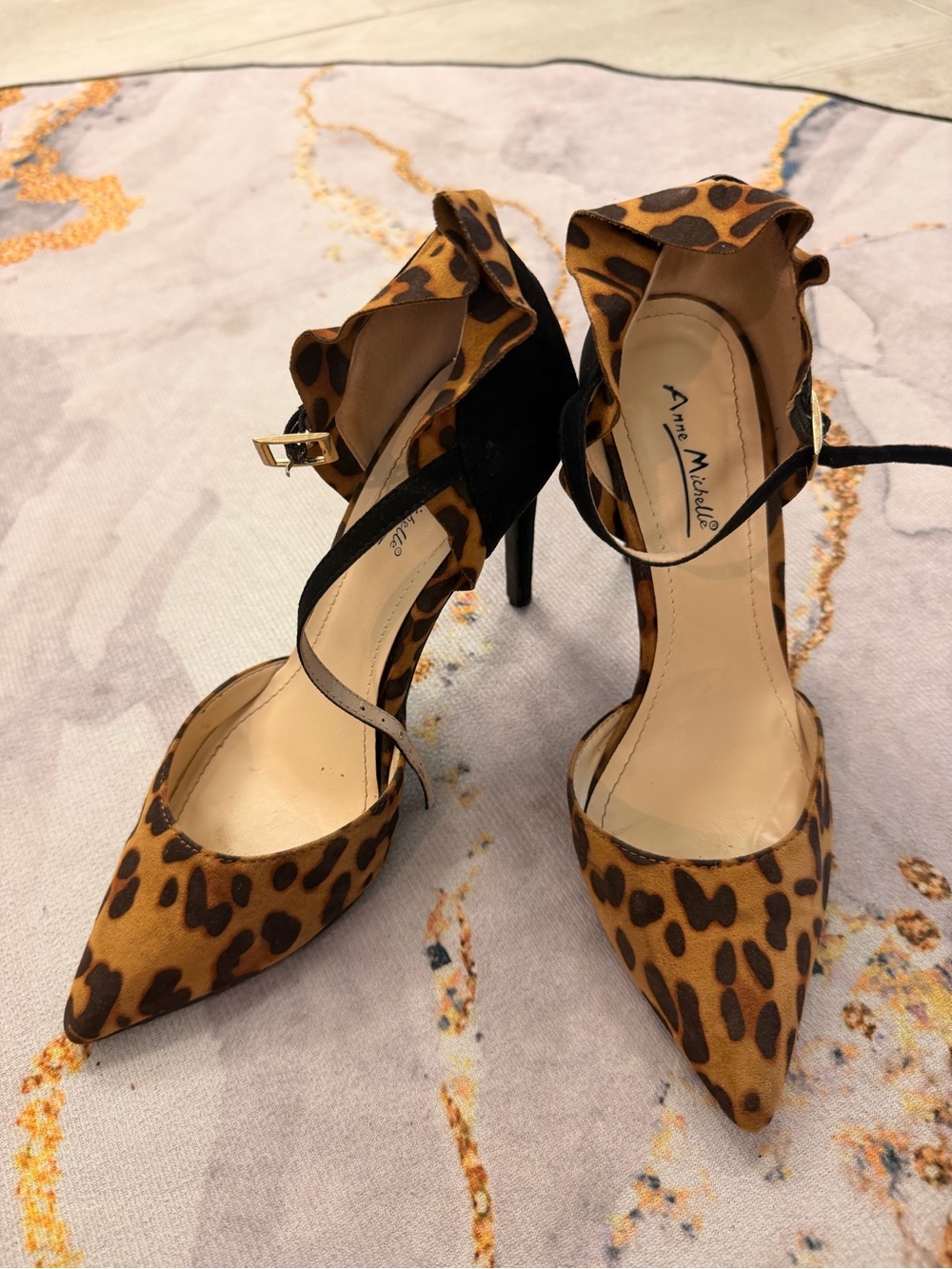 Anne Michelle Leopard Ruffle Pointed Ankle-Strap Heels - Brown/Black